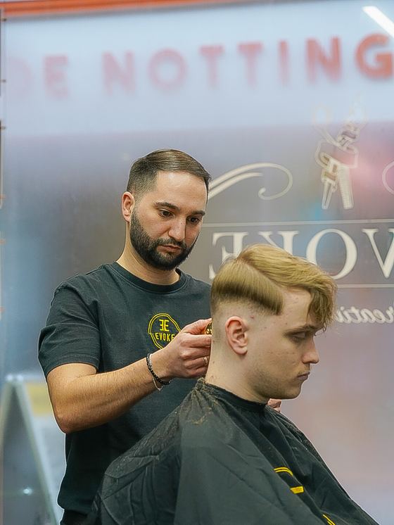 Gerald cutting hair at Evoke Barbers, 10 Flying Horse Walk, Nottingham