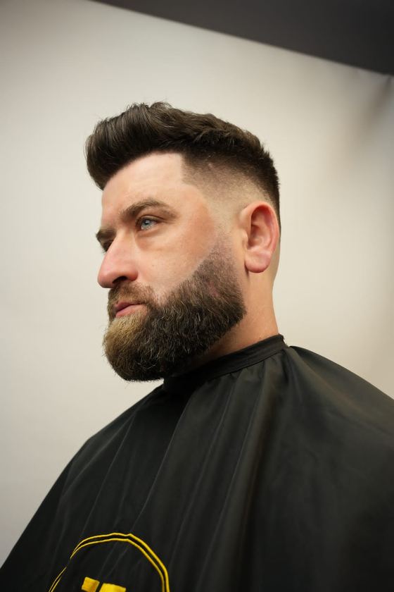 A high fade and full beard shaped at Evoke Barbers, Nottingham