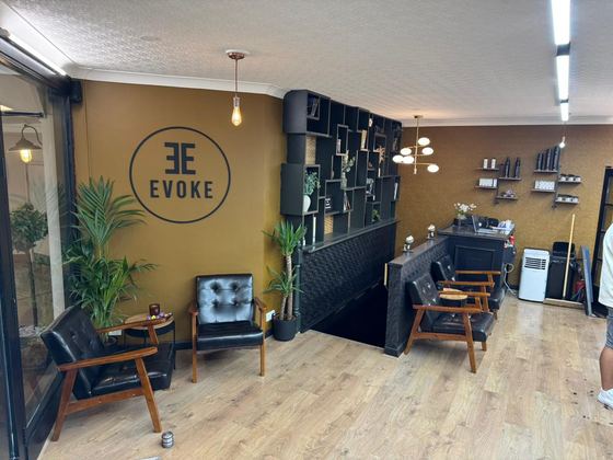 Inside Evoke Barbers: the waiting area and reception at 10 Flying Horse Walk, Nottingham